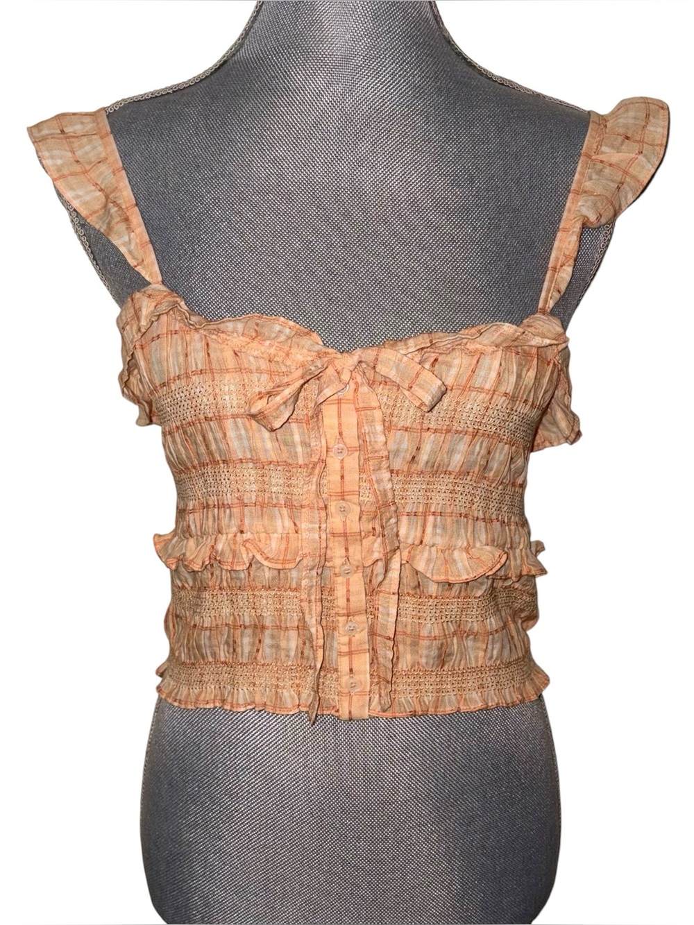American Eagle Peach Plaid Smocked Ruffle Tie Front Crop Top Small